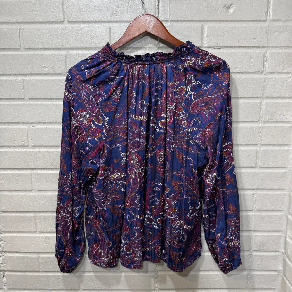 Boden Paisley Ruffle Blouse Silky Pleated Navy Blue US 10 Boho‎ Preppy Regency